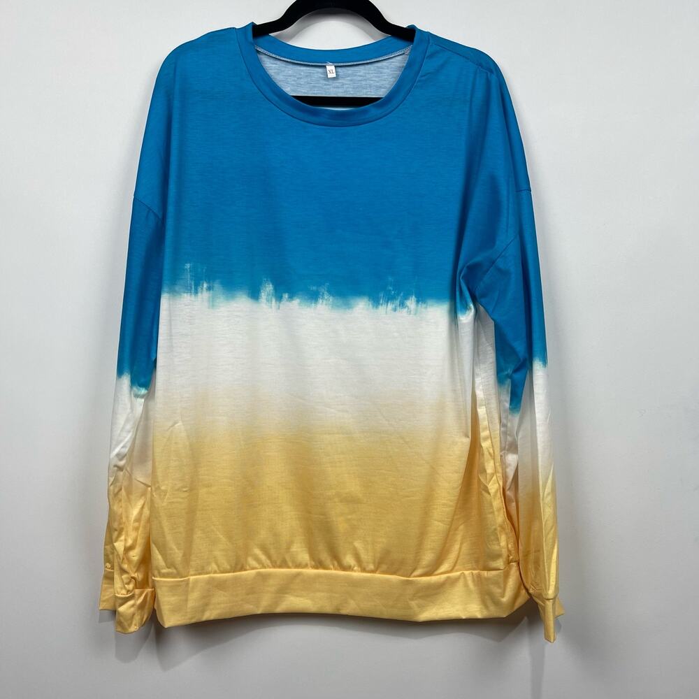Ombre Blue White Yellow‎ Tie Dye Lightweight Crewneck Casual Sweatshirt